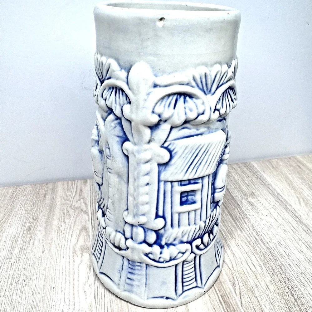 Vintage‎ Blue White Beer Stein Mug Relief German Style Brazil Stoneware